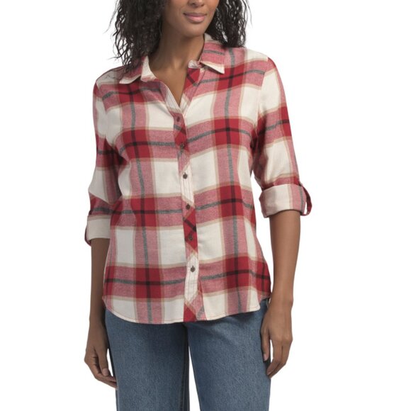 HESTER & ORCHARD Burgundy Brushed Plaid Flannel Button Front Long Sleeve Shirt - Picture 1 of 2